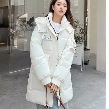 Женская зимняя свободная куртка средней длины с несколькими карманами из хлопка, однотонная, с капюшоном, одежда для выпечки 3XL белый