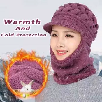 Женская зимняя теплая цельная шапка, шарф, утолщенная теплая плюшевая подкладка, ветрозащитная велосипедная шапка, вязаный меховой шарф, вязаная шапка, рождественские подарки для женщин 1PCS красный