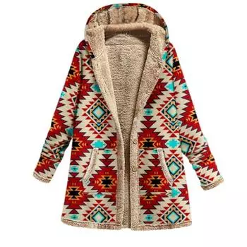 Женская зимняя теплая флисовая верхняя одежда в стиле ретро, длинная куртка на молнии с капюшоном, свободное пальто больших размеров с принтом и карманами S