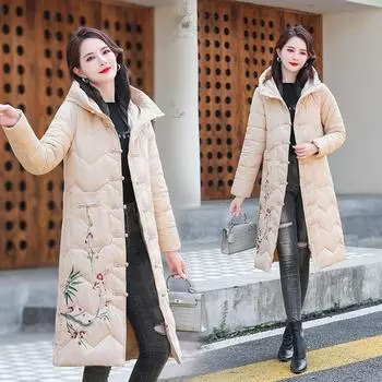 Женская зимняя теплая куртка средней длины в китайском стиле для среднего возраста в литературном ретро-стиле 3XL чёрный
