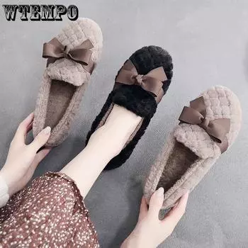 Женская зимняя теплая обувь Doudou, женские однотонные хлопковые туфли большого размера с плюшевой подошвой на плоской подошве, милые шерстяные туфли с бантом 35 белый