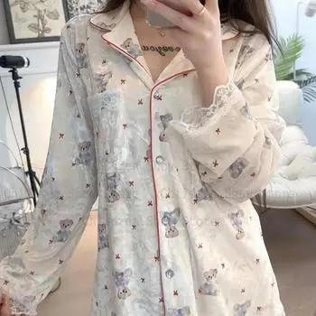 Женская зимняя теплая пижама принцессы с кружевной отделкой, пижамный комплект с милым мультяшным медведем, велюровый комплект из 2 предметов, домашняя одежда M