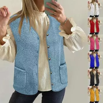 Женская зимняя теплая плюшевая куртка с открытыми плечами, шерстяной кардиган с длинными рукавами, модный плюшевый жилет L чёрный