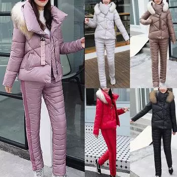 Женская зимняя теплая повседневная свободная куртка с меховым воротником + свободные брюки, комплект из двух предметов 2XL