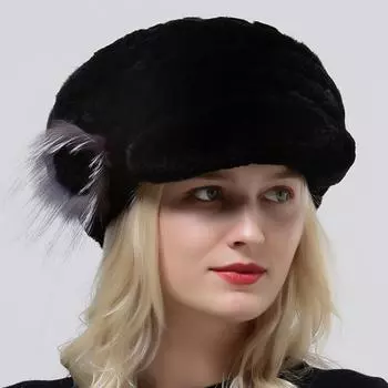 Женская зимняя теплая шапка из натурального меха кролика Рекс, толстый вязаный головной убор, классическая популярная женская стильная шапка One Size чёрный
