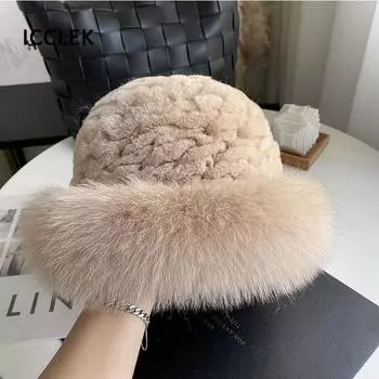 Женская зимняя теплая шапка из натурального меха кролика Рекс, элегантные женские шапки-бомберы, модные шапки из натурального меха лисы, вязаные шапки-бини