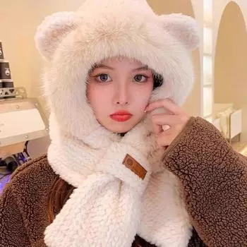 Женская зимняя теплая шапка, шарф, цельный комплект, симпатичная теплая плюшевая защита ушей, шарфы с капюшоном, утепленная женская лыжная шапка для отдыха на природе, шапочка-бини One Size хаки