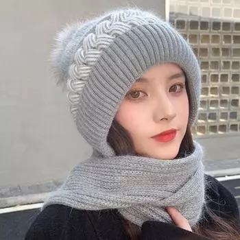 Женская зимняя теплая шапка, вязаная шапка, супер мягкая ветрозащитная однотонная утепленная женская зимняя шапка, шарф бежевый