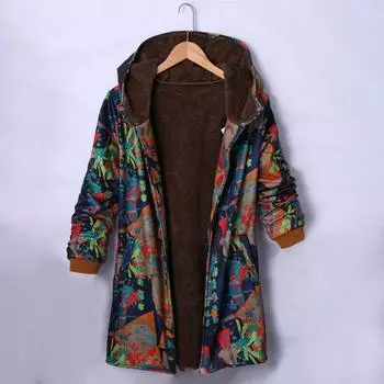 Женская зимняя теплая верхняя одежда с цветочным принтом и карманами с капюшоном Винтажное пальто большого размера XL кофейный