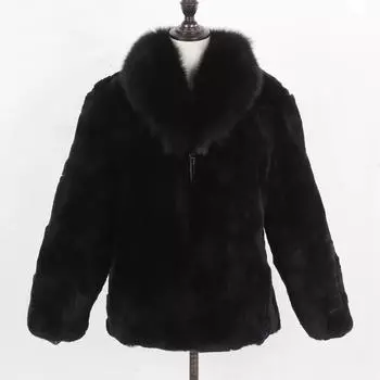 Женская зимняя толстая 100% натуральная шуба из настоящего кролика Рекс, русская теплая качественная куртка из настоящего кролика Рекс с воротником из меха лисы S чёрный