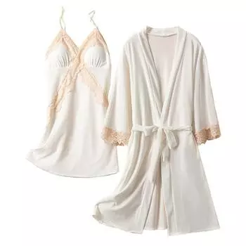 Женская зимняя толстая фланелевая бархатная пижама, женский осенний сексуальный кружевной костюм с длинными рукавами и корсетными подушечками, ночная рубашка на бретельках, халат, домашняя одежда M белый