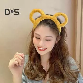 Женская зимняя толстая плюшевая повязка на голову с круглыми медвежьими ушками, обруч для волос, эластичный головной убор карамельного цвета, аксессуары для волос розовый