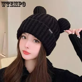 Женская зимняя толстая шапка с милыми маленькими медвежьими ушками, свободная шерстяная шапка, теплая, стократная, маленькая вязаная шапка