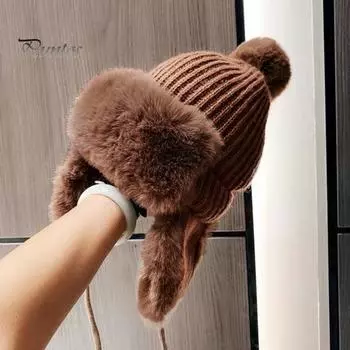 Женская зимняя толстая уличная теплая шапка с ушками, ультра-толстая супермягкая ветрозащитная вязаная зимняя лыжная шапка бежевый