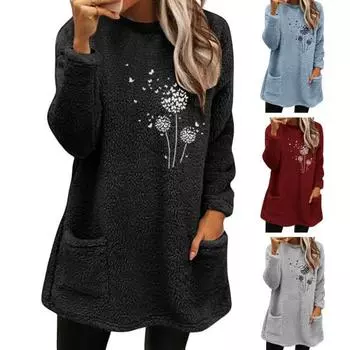 Женская зимняя толстовка с цветочным принтом, утолщенная плюшевая толстовка с длинными рукавами, круглым вырезом, морозостойкими боковыми карманами, осенняя толстовка средней длины, женская одежда 2XL серый