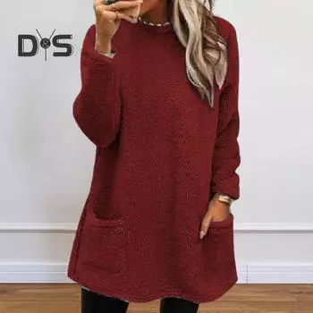 Женская зимняя толстовка с двумя карманами, однотонная плюшевая круглая горловина, свободный пуловер средней длины, повседневный свитшот для офиса, вечеринки, тренировок S чёрный