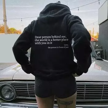 Женская зимняя толстовка с капюшоном и длинным рукавом с буквенным принтом, свободный накладной карман, эластичная манжета на шнурке, мягкий теплый пуловер, осенняя толстовка S чёрный