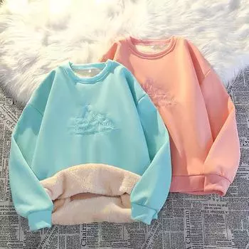 Женская зимняя толстовка с капюшоном из толстой шерсти, теплая овечья шерсть, женская свободная рубашка с круглым вырезом и вышивкой, топ с длинными рукавами M розовый