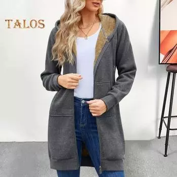 Женская зимняя толстовка с капюшоном, утолщенная плюшевая подкладка, длинные рукава, верхняя одежда средней длины, однотонное пальто с застежкой-молнией, повседневная куртка для поездок на работу L светло-серый