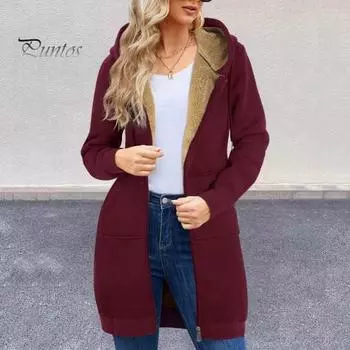 Женская зимняя толстовка с капюшоном, утолщенная плюшевая подкладка, длинные рукава, верхняя одежда средней длины, однотонное пальто с застежкой-молнией, повседневная куртка для поездок на работу XL темно-серого