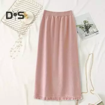 Женская зимняя юбка-футляр из трикотажной эластичной ткани с высокой талией, однотонная, с кисточками, прямая, плиссированная, средней длины, не садится, миди-юбка серый