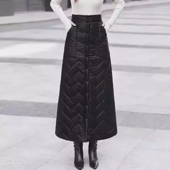Женская зимняя юбка-трапеция с высокой талией 2023 года — плотная, теплая и длинная XL чёрный