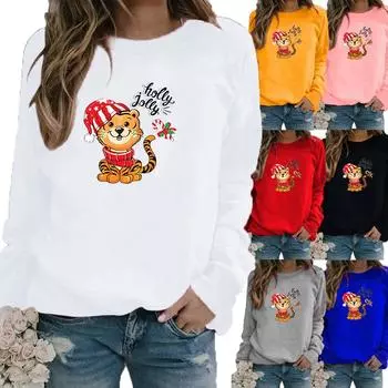 Женская зимняя удобная спортивная футболка с круглым вырезом и принтом, повседневные топы больших размеров с длинными рукавами, толстовка, свитер с принтом, пуловер XS белый