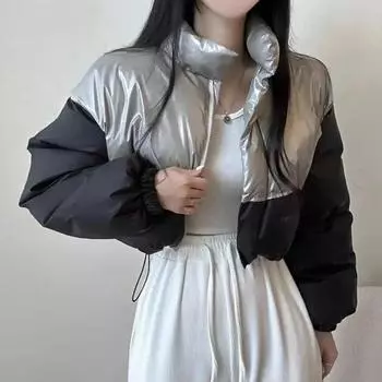 Женская зимняя укороченная куртка на молнии с воротником-стойкой, легкая укороченная теплая верхняя одежда, стеганое пальто, регулируемый подол на шнурке S чёрный