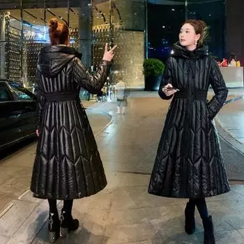 Женская зимняя утепленная куртка с ромбовидной клеткой, с капюшоном, длинная пушистая куртка, теплая зимняя куртка 3XL