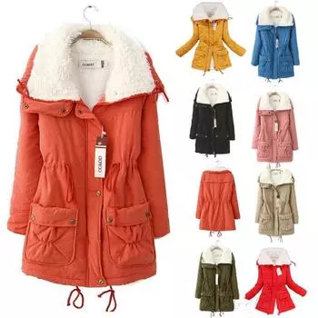 Женская зимняя утепленная рабочая одежда, хлопковая куртка средней длины, куртка из овечьей шерсти с лацканами на шнурке, тонкое однотонное теплое пальто S хаки