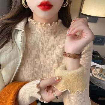 Женская зимняя утепленная тонкая водолазка с длинным рукавом из бархата, мягкий трикотажный пуловер, повседневная термовязаная рубашка S чёрный