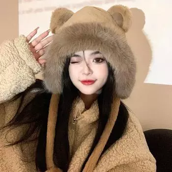 Женская зимняя утолщенная меховая теплая шапка-бини корейская модная флисовая шапка с медвежьими ушками ветрозащитная женская трендовая шапка-бомбер подарки one size