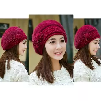Женская зимняя утолщенная мягкая и удобная теплая и холодостойкая шерстяная шапка с двумя цветочными узорами фиолетовый