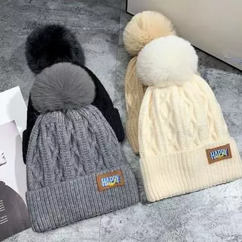 Женская зимняя утолщенная шерстяная шапка-бини, плюшевый декор с шариками, текстура ромба, защита ушей, двухслойная термовязаная шапка бежевый