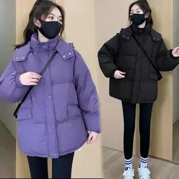 Женская зимняя утолщенная свободная куртка-пуховик с капюшоном в стиле хлеба и небольшим размером дисплея, свободная и теплая S чёрный