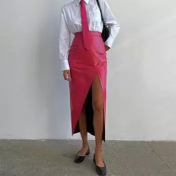 Женская зимняя узкая юбка с высокой талией и разрезом до середины тела S красный