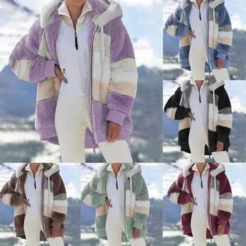 Женская зимняя верхняя одежда с капюшоном, свободная куртка с длинными рукавами, плюшевое пальто на молнии L чёрный