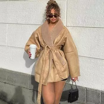 Женская зимняя винтажная длинная куртка из искусственного меха, модные теплые парки, женская верхняя одежда S хаки