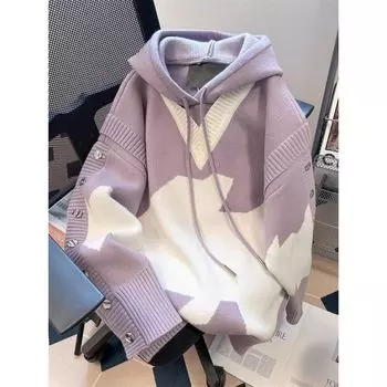 Женская зимняя винтажная теплая вязаная кофта-пуловер с капюшоном в винтажном стиле 4XL