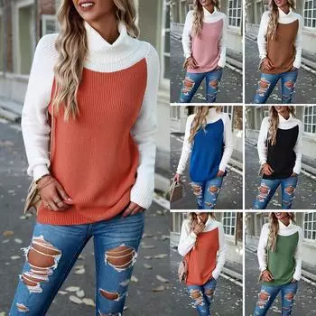 Женская зимняя водолазка с цветными блоками, пуловер, вязаные футболки с длинными рукавами, блузка, топ