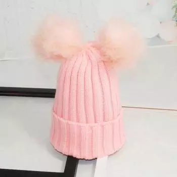 Женская зимняя вязаная шапка-бини с пушистым двойным меховым помпоном, лыжная шапка