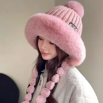 Женская зимняя вязаная шапка-бини с ушами, длинная защита ушей, эластичная и плотная one size хаки