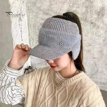 Женская зимняя вязаная шапка с длинными полями, толстая ветрозащитная, с пустым верхом, защита ушей, сохраняющая тепло, эластичная шапка для улицы, шапка с козырьком для улицы чёрный