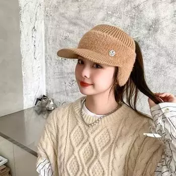 Женская зимняя вязаная шапка с длинными полями, толстая ветрозащитная, пустая верхняя часть, защита ушей чёрный