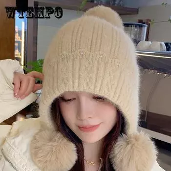 Женская зимняя вязаная шапка с помпоном, теплая, плотная полиэстеровая, эластичная, мягкая, уютная, шапка без полей для Рождества, ONE SIZE чёрный