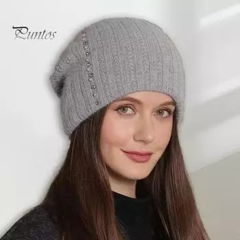 Женская зимняя вязаная шапка со стразами и искусственным жемчугом, высокоэластичная однотонная шапка, противоскользящая, теплая, для езды на велосипеде на открытом воздухе светло-серый