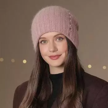 Женская зимняя вязаная шапка со стразами и искусственным жемчугом, высокоэластичная однотонная шапка, противоскользящая, теплая, для езды на велосипеде на открытом воздухе светло-серый