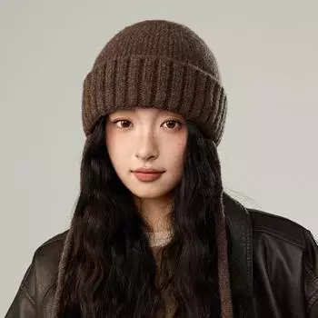 Женская зимняя вязаная шапка, теплая шерстяная шапка, защитная шапка для ушей чёрный