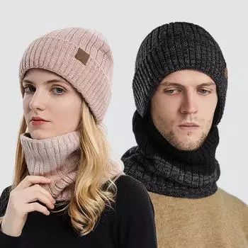 Женская зимняя вязаная шерстяная утепленная теплая шапка, мужской шарф, шейный свитер, комплект из двух предметов, защитная шапка для ушей, унисекс One Size розовый