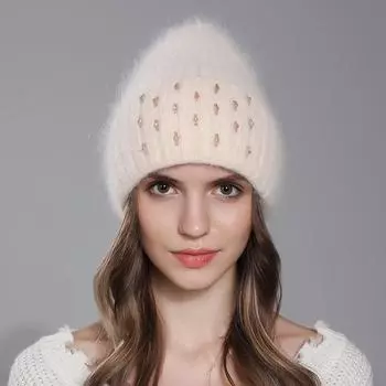 Женская зимняя вязаная теплая универсальная однотонная шерстяная шапка из кроличьей шерсти OneSize чёрный